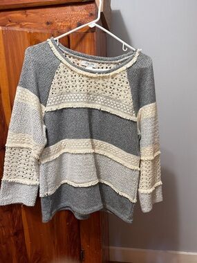 Lucky Brand Gray and Cream Crochet-Detail Crewneck Sweater